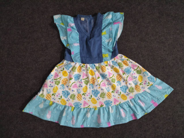 A4-5-1 pineapple watermelon blue flutter sleeve girls dress