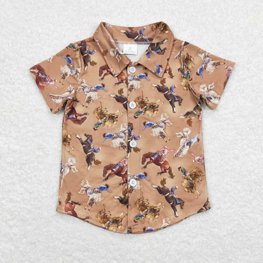 BT0525 Western Brown Horse Rodeo Short Sleeve Boys Top