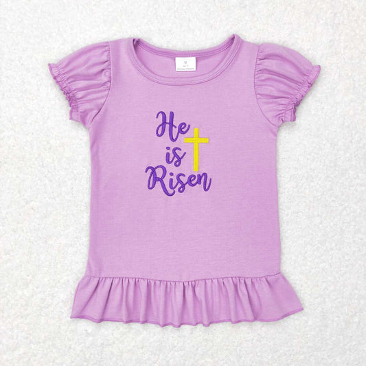 GT0393 Easter he is risen purple short sleeve girls top