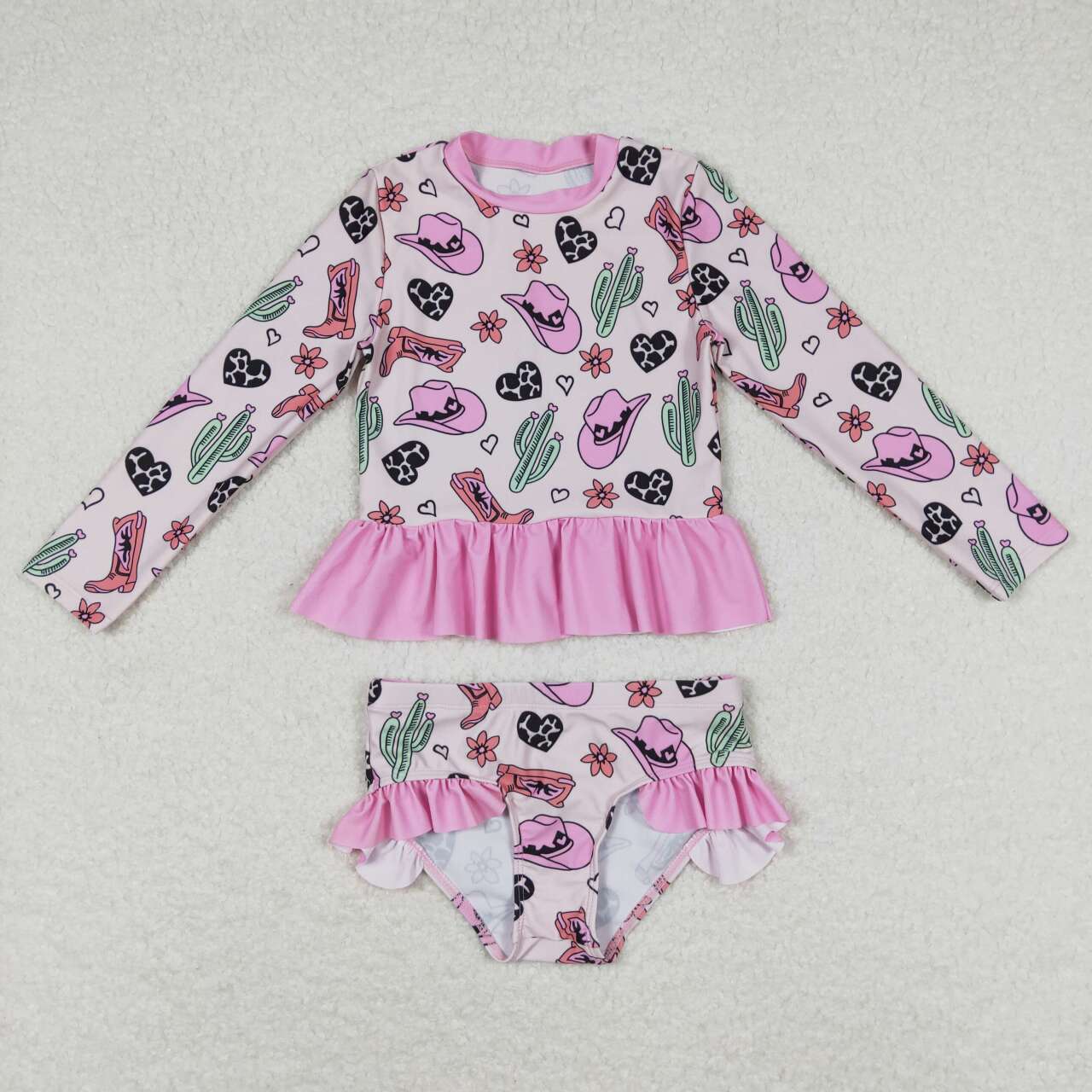 S0262 Western boot hat cactus pink long sleeve girls swimsuits