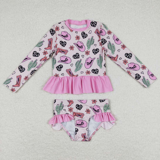 S0262 Western boot hat cactus pink long sleeve girls swimsuits