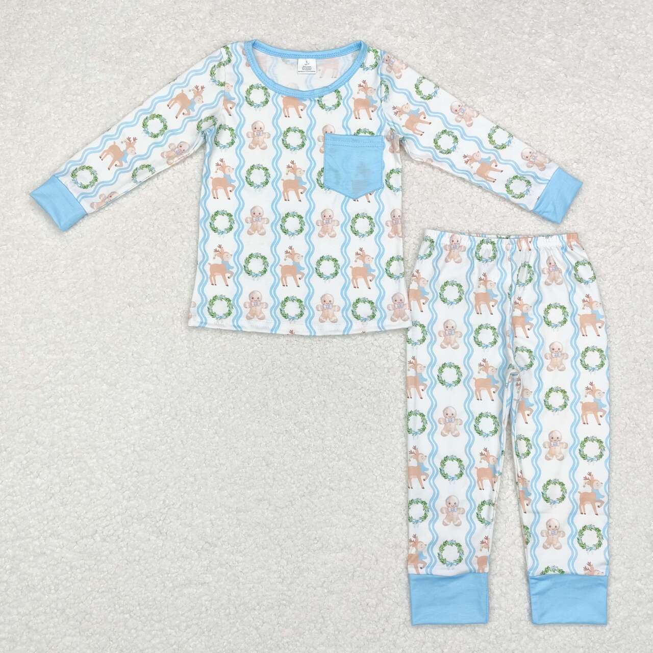 bamboo BLP0483 Christmas gingerbread man deer blue long sleeve pants boys pajamas