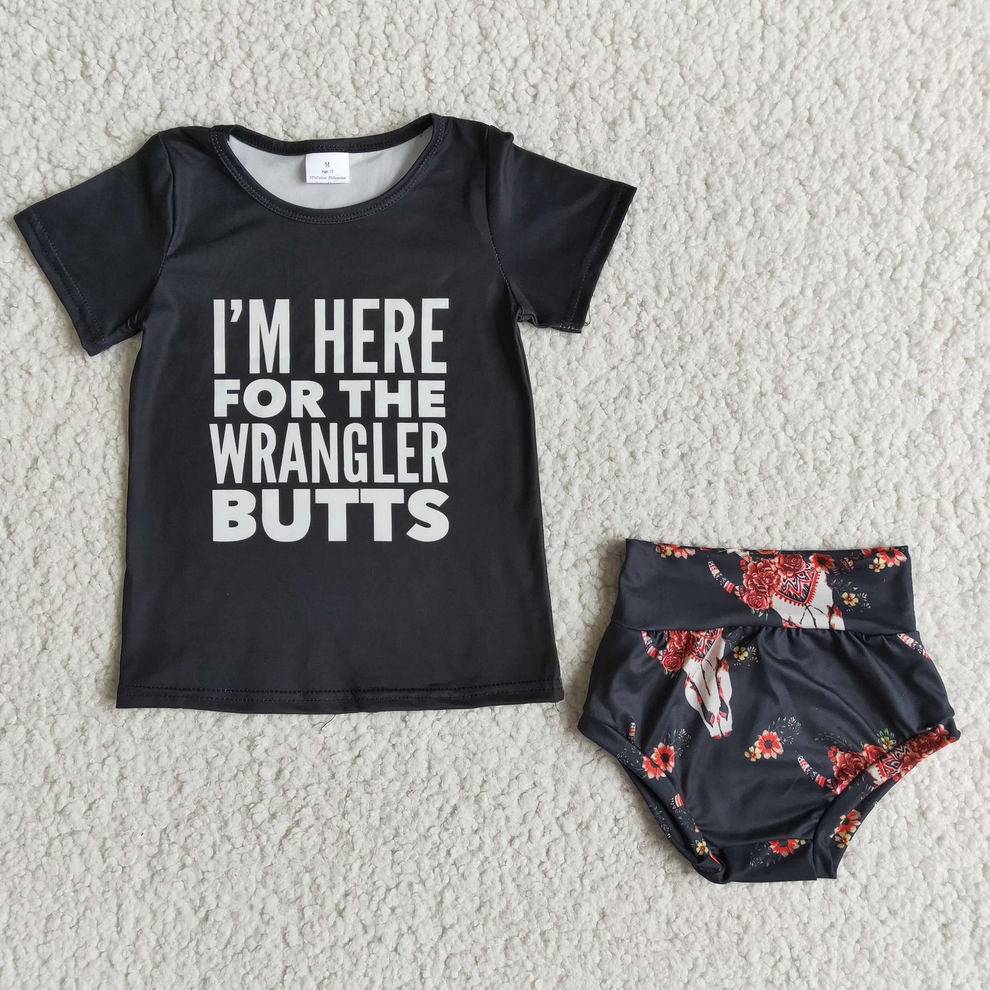 A7-8 i'm here for the wrangler butts black short sleeve cow flowers girls bummies set