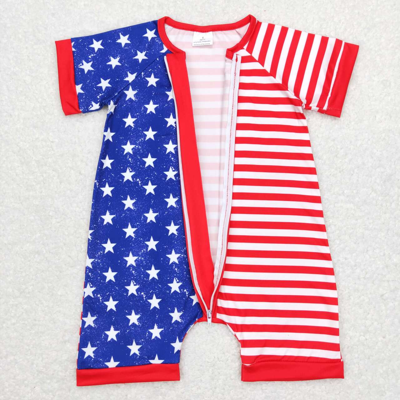 SR0673 July 4th star red striped kids zipper short sleeve romper