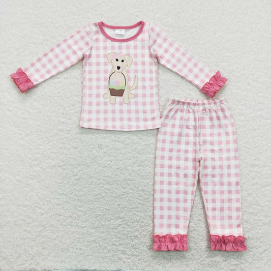 GLP1036 Easter dog egg pink checkered long sleeve pants girls pajamas