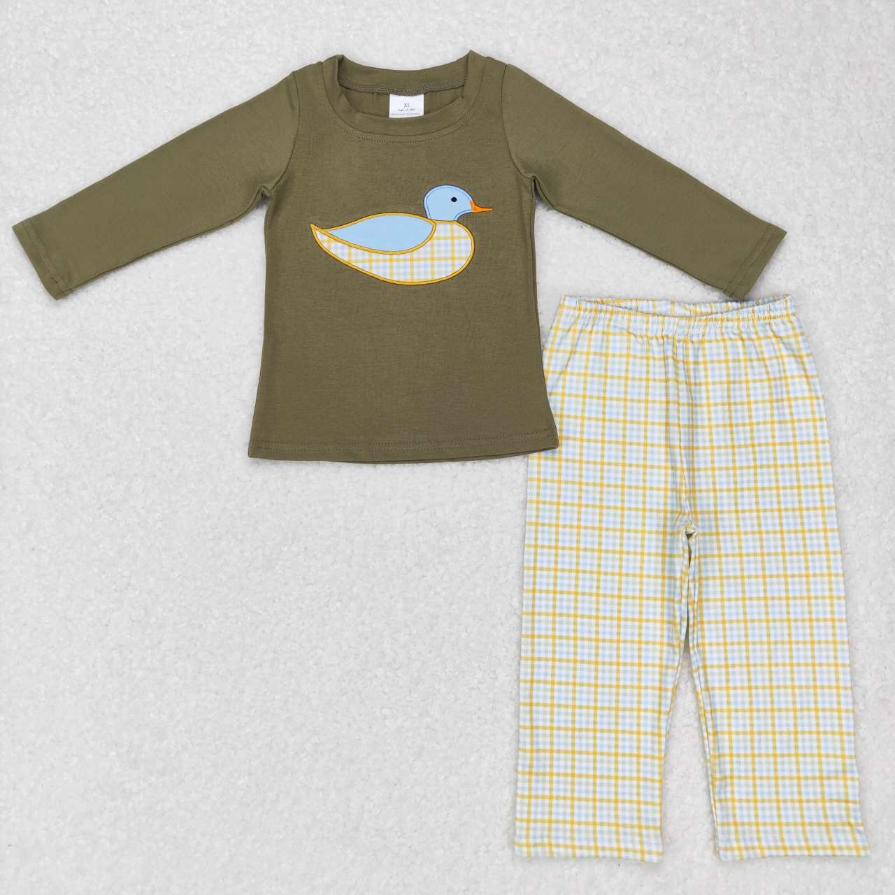 BLP0335 Duck green long sleeve plaid pants boys set