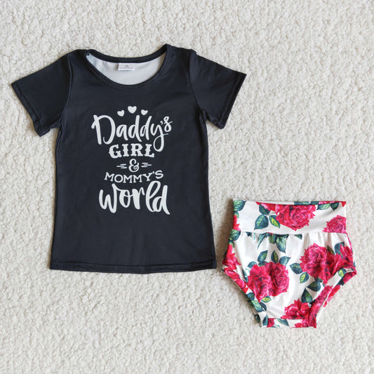 A9-4 daddy's girl black short sleeve hot pink flowers girls bummies set