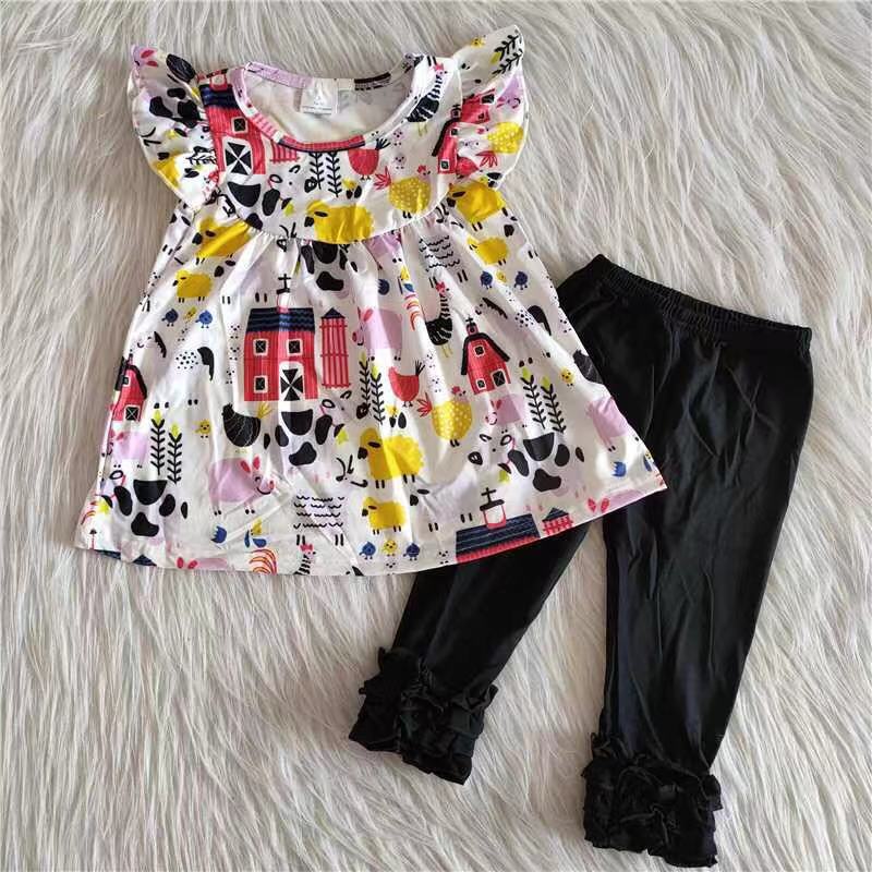 A9-8 Farm animals house flutter sleeve black pants girls set