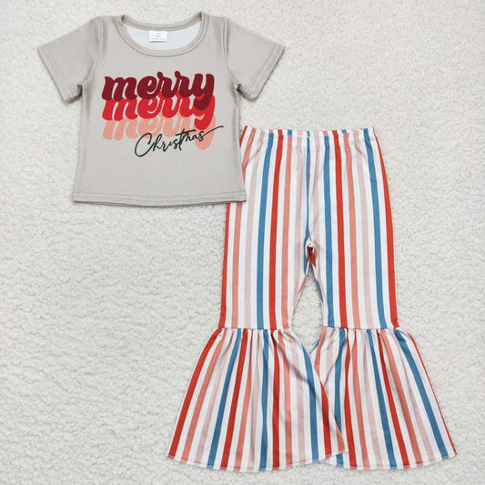 GSPO0882 Merry Christmas short sleeve colorful striped pants girls set