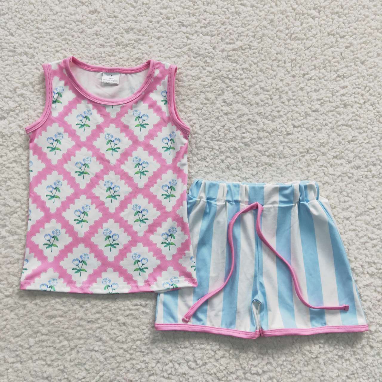 GSSO0324 Flowers Pink Sleeveless Blue Striped Shorts Girls Summer Set