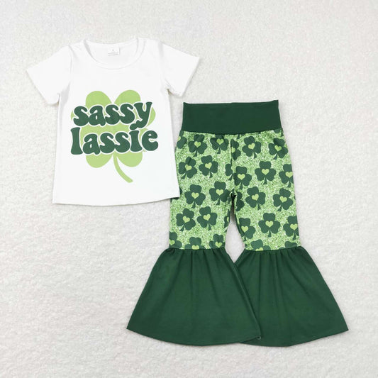 GSPO1029 Saint Patrick sassy lassie short sleeve green pants girls set
