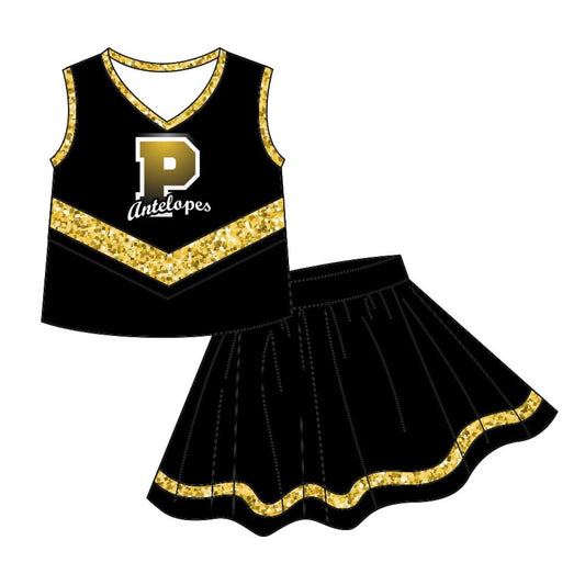 custom S 9.2 golden & black sleeveless cheerleader dress