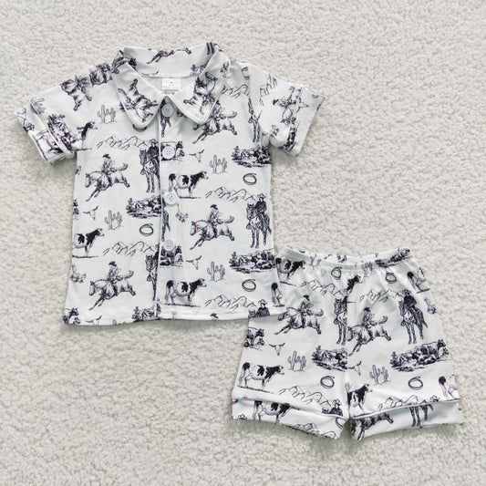 BSSO0275 Cow Cactus Western Short Sleeve Kids Shorts Pajamas