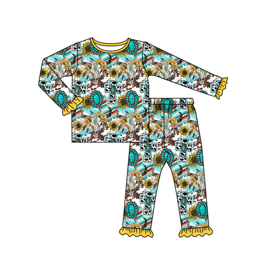 preorder GLP0774 Western cow sunflowers turquoise long sleeve pants girls set