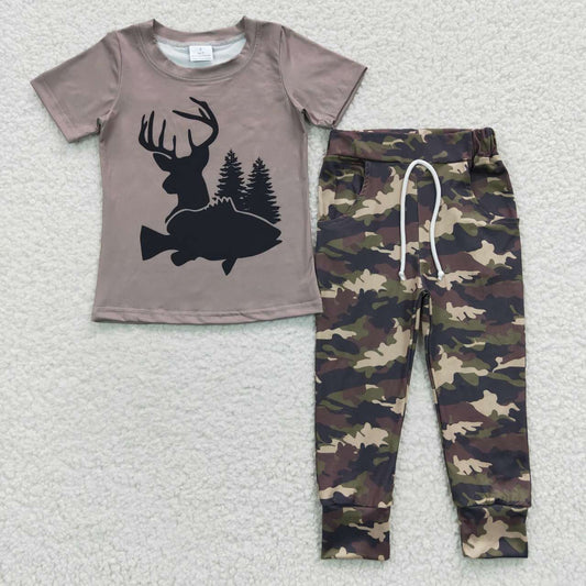 BSPO0108 Fawn Fish Hunt Grey Short Sleeves Camouflage Pants Boys Set