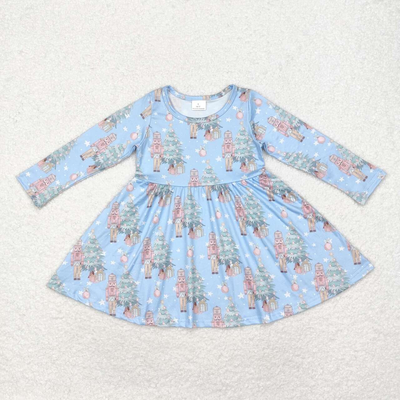 GLD0722 Christmas soldier tree blue long sleeve girls dress