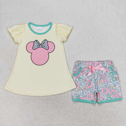 GSSO1308 cartoon M mouse yellow short sleeve colorful flowers shorts girls set