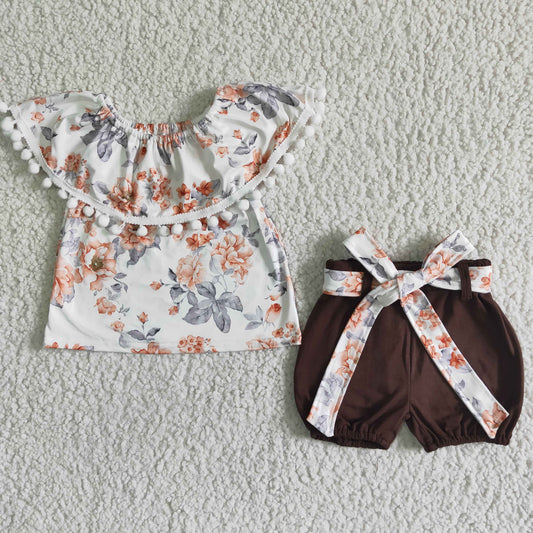 GSSO0030 Floral Off Shoulder Brown Shorts Kids Set