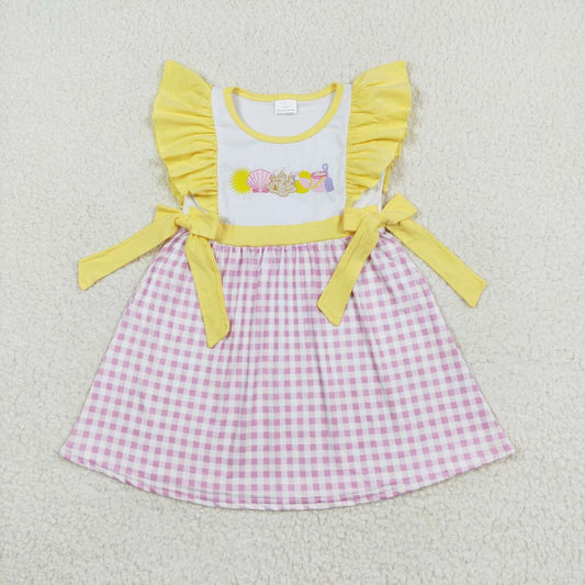 GSD0600 embroidery Beach castle pink checkered yellow flutter sleeve girls dress