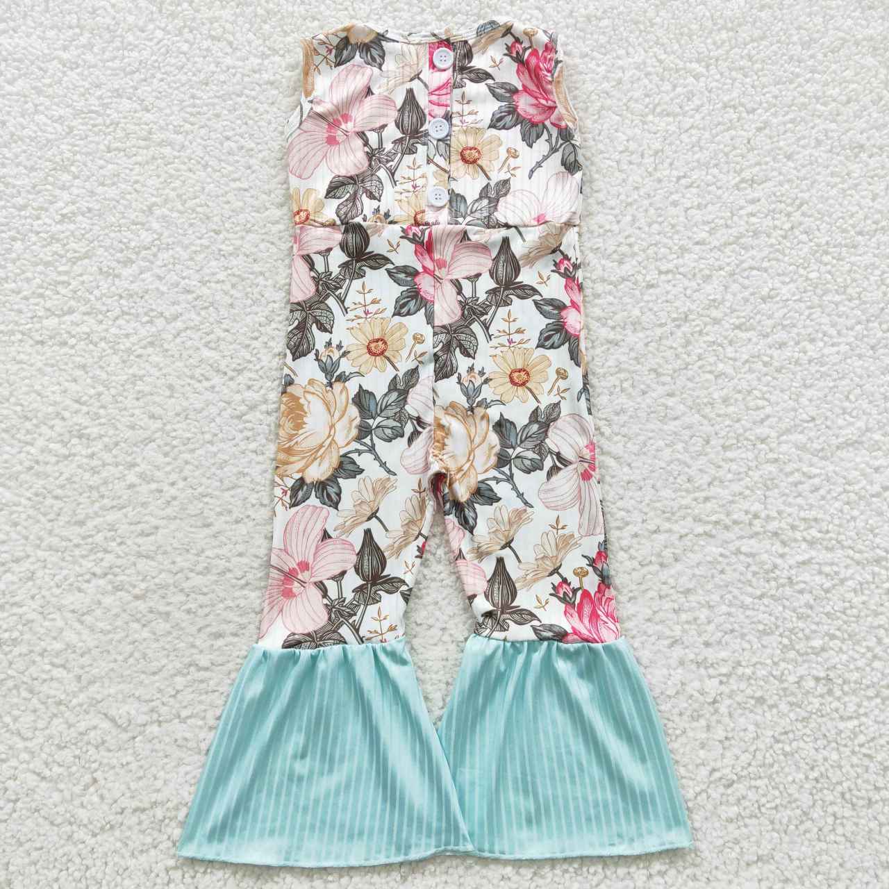 SR0368 Ribbed Flower Print Sleeveless Blue Bell Pants Girls Jumpsuits