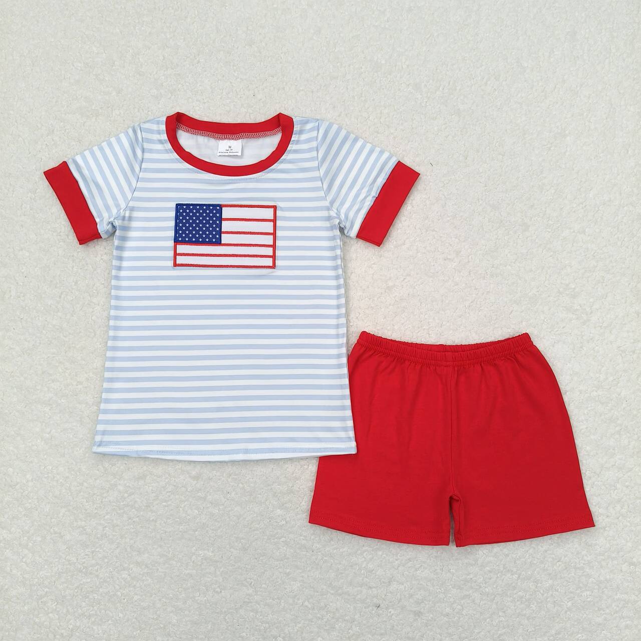 BSSO0684 embroidery July 4th flag blue striped short sleeve red shorts boys set