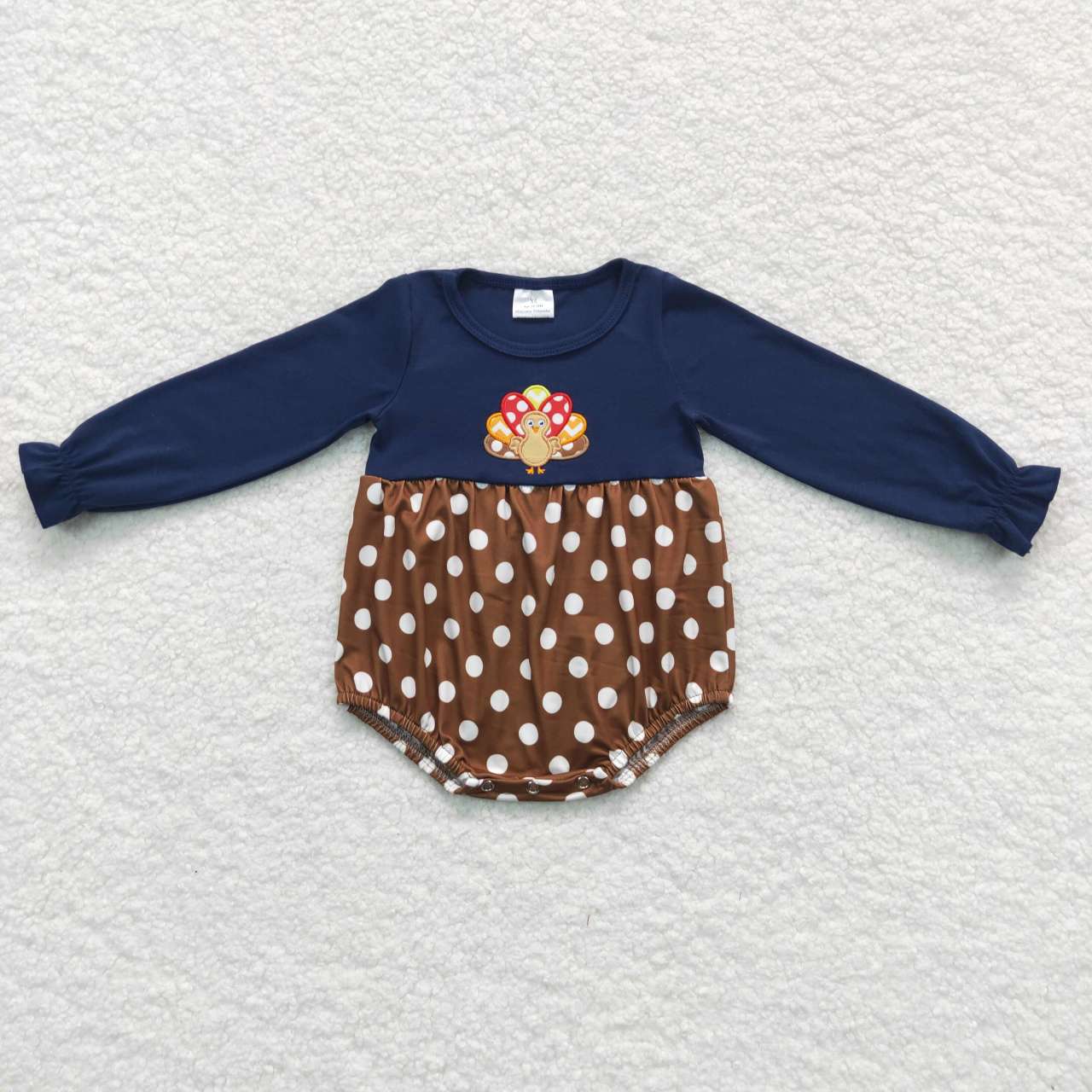 LR0605 Thanksgiving turkey brown dot navy long sleeve girls romper