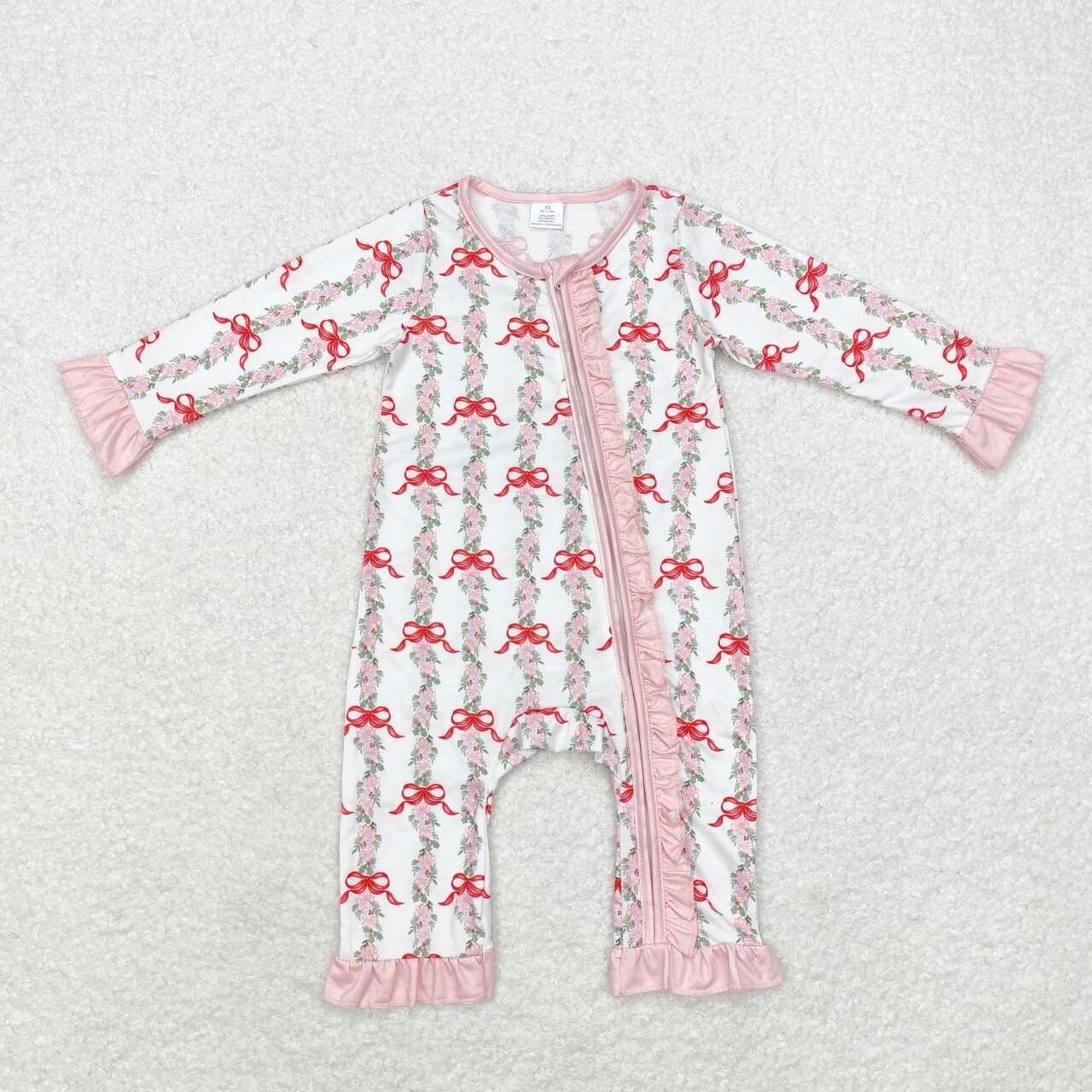 LR1517 BAMBOO Christmas red bows flowers lomh sleeve zipper girls romper