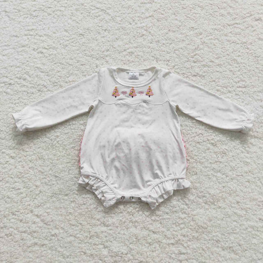 LR0392 Christmas Pink Tree White Long Sleeves Girls Romper