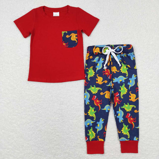 BSPO0173 Colorful dinosaur red pocket short sleeve pants boys set