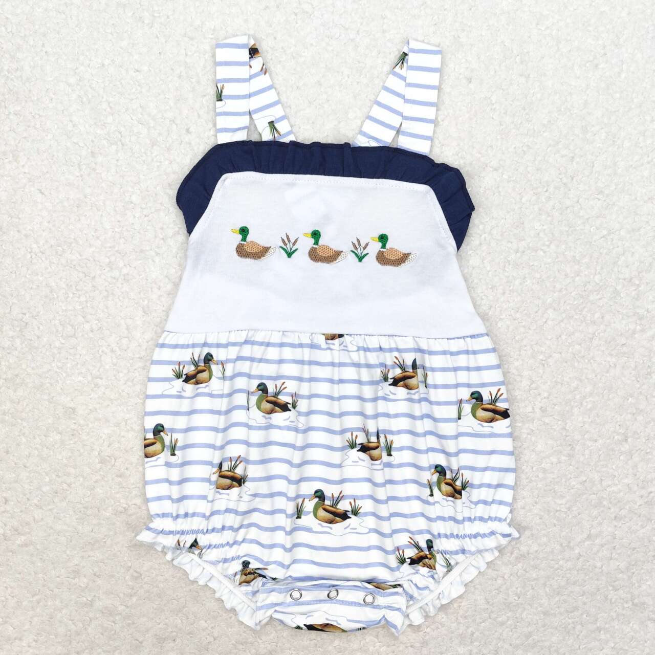 SR1584 embroidery mallard duck striped sleeveless girls romper