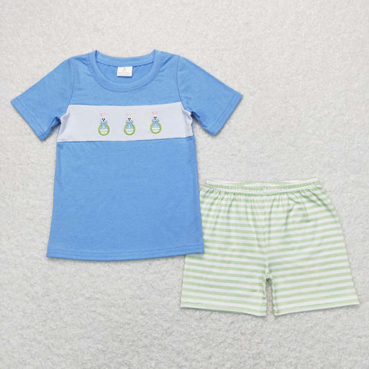 BSSO0398 Easter rabbit blue short sleeve green checkered shorts boys set