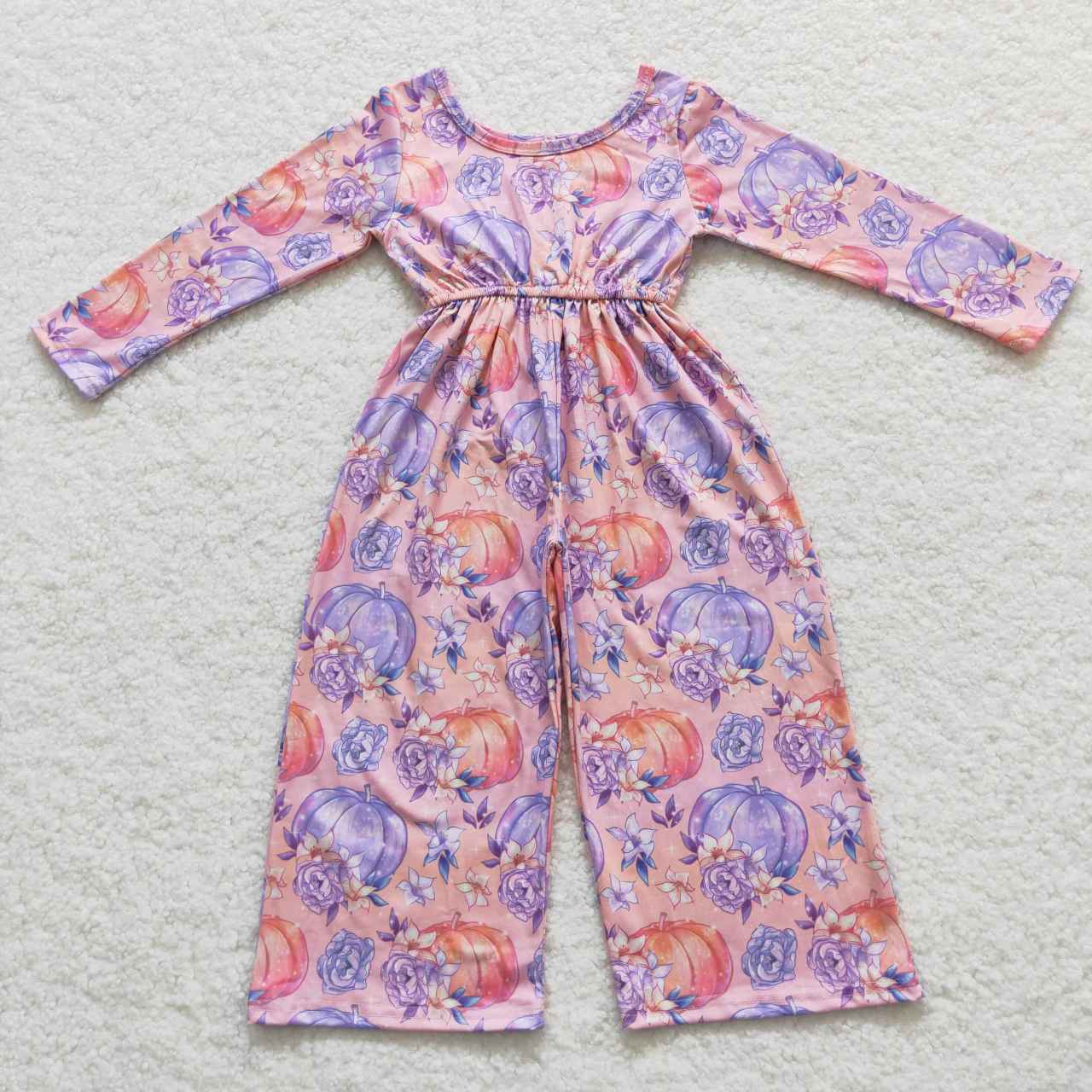 LR0382 Blue & Orange Pumpkin Flowers Purple Long Sleeves Girls Jumpsuits