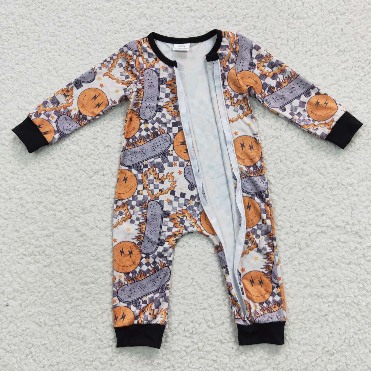 LR0305 Orange Smile Scooter Black Kids Long Sleeve Romper