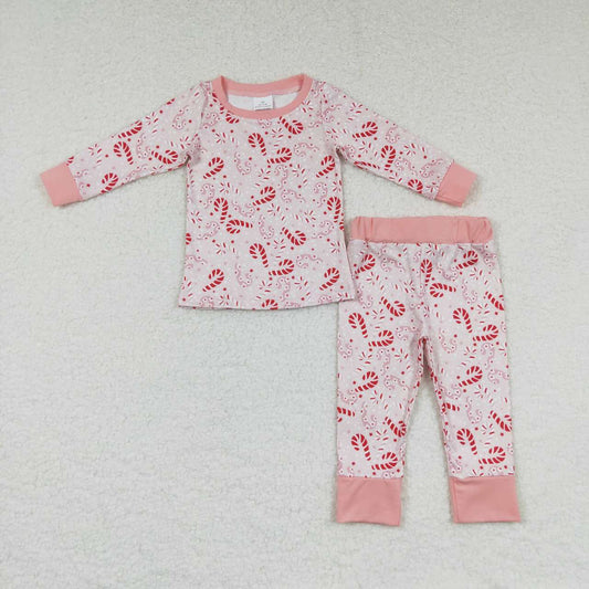 GLP0738 Christmas cane candy pink long sleeve pants girls pajamas