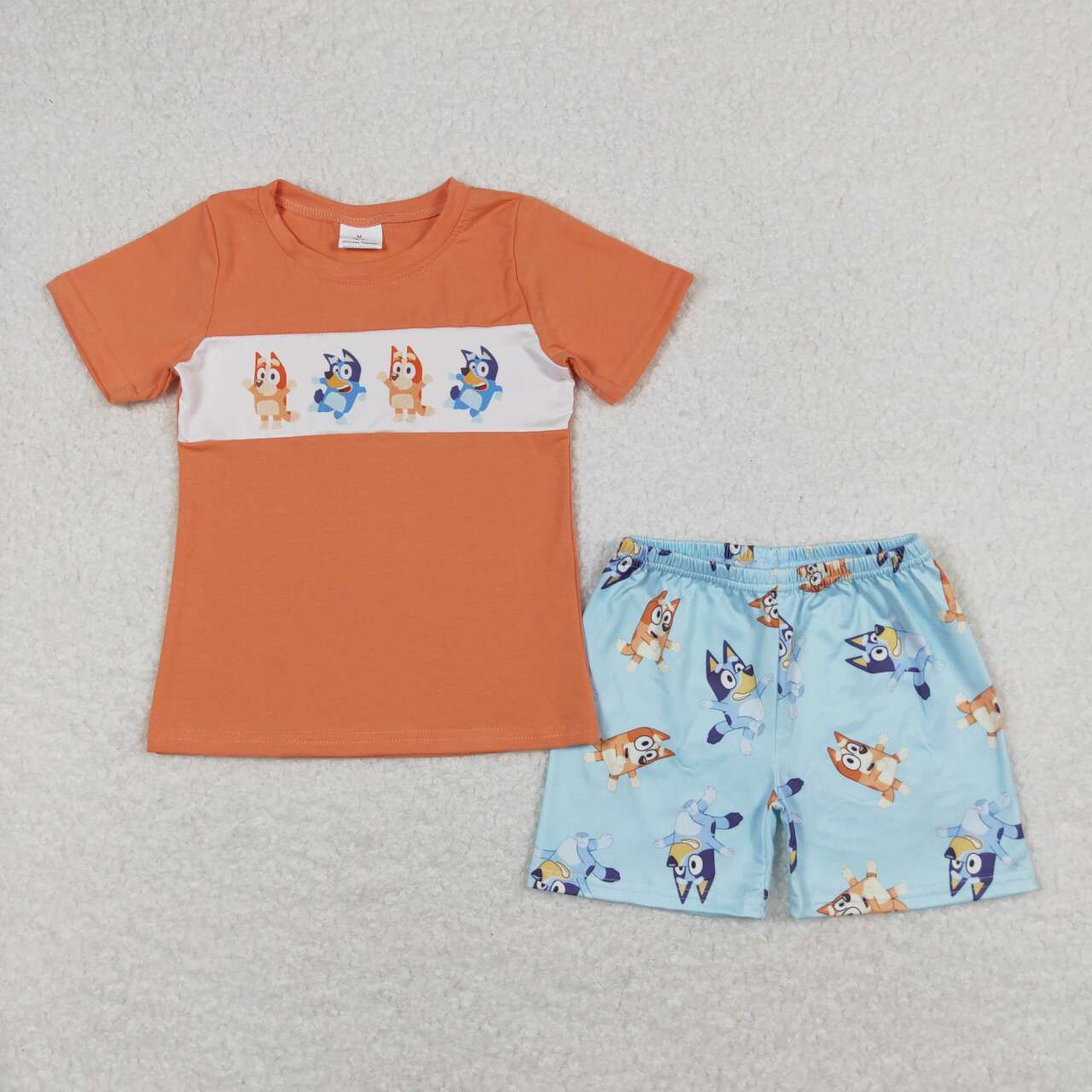 BSSO0668 Cartoon blue dog orange short sleeve blue shorts boys set