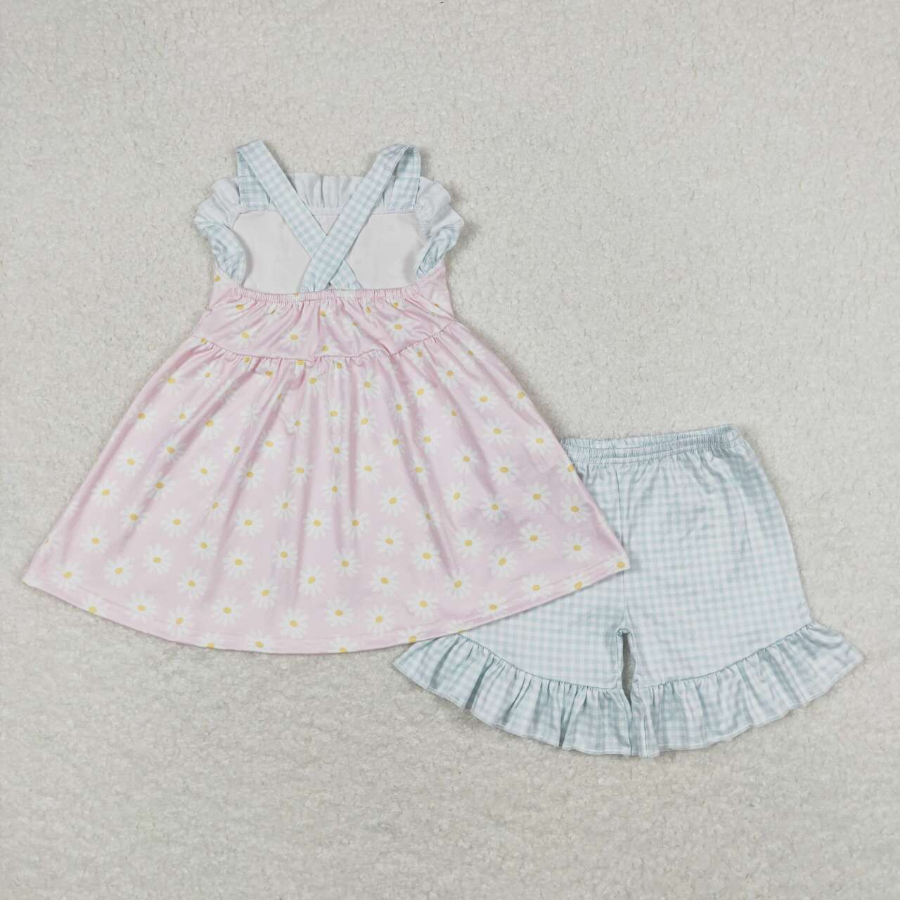 GSSO0724 Daisy flowers sleeveless light green checkered shorts girls set