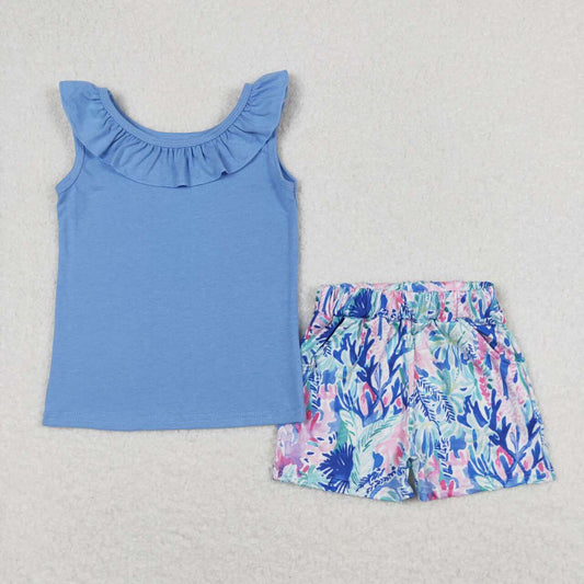 USA SHOP GSSO0812 blue flutter sleeve colorful green blue print shorts girls set