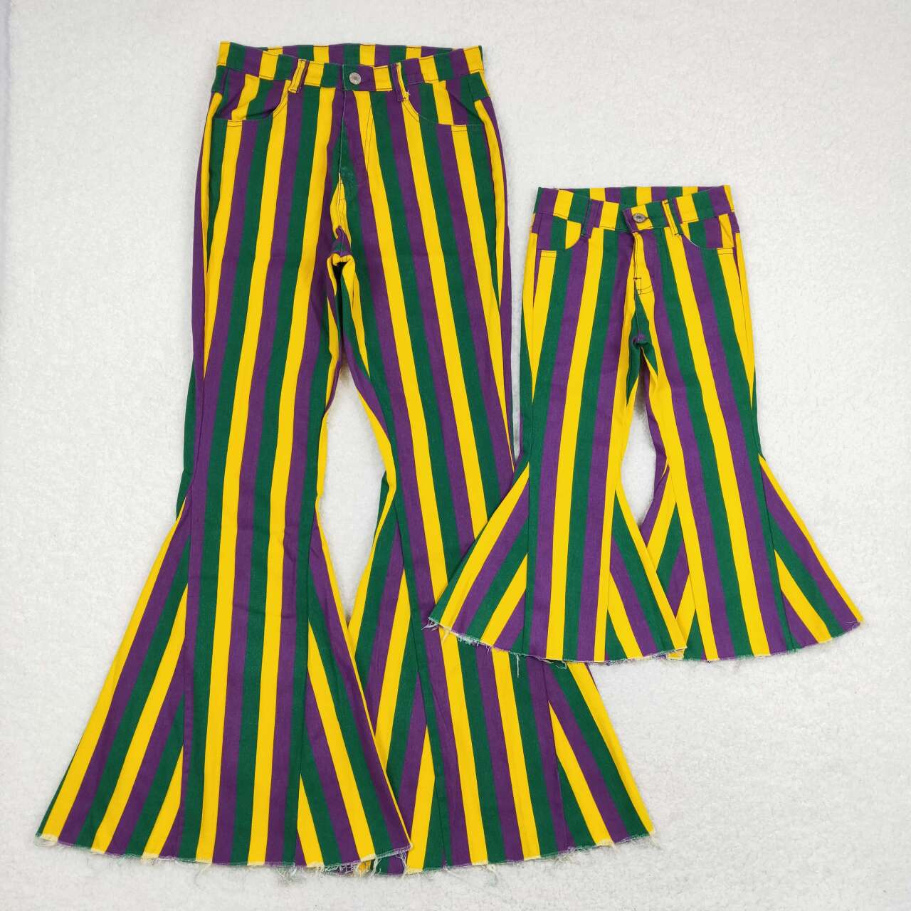 P0328 Mardi gras yellow green purple striped adult denim pants