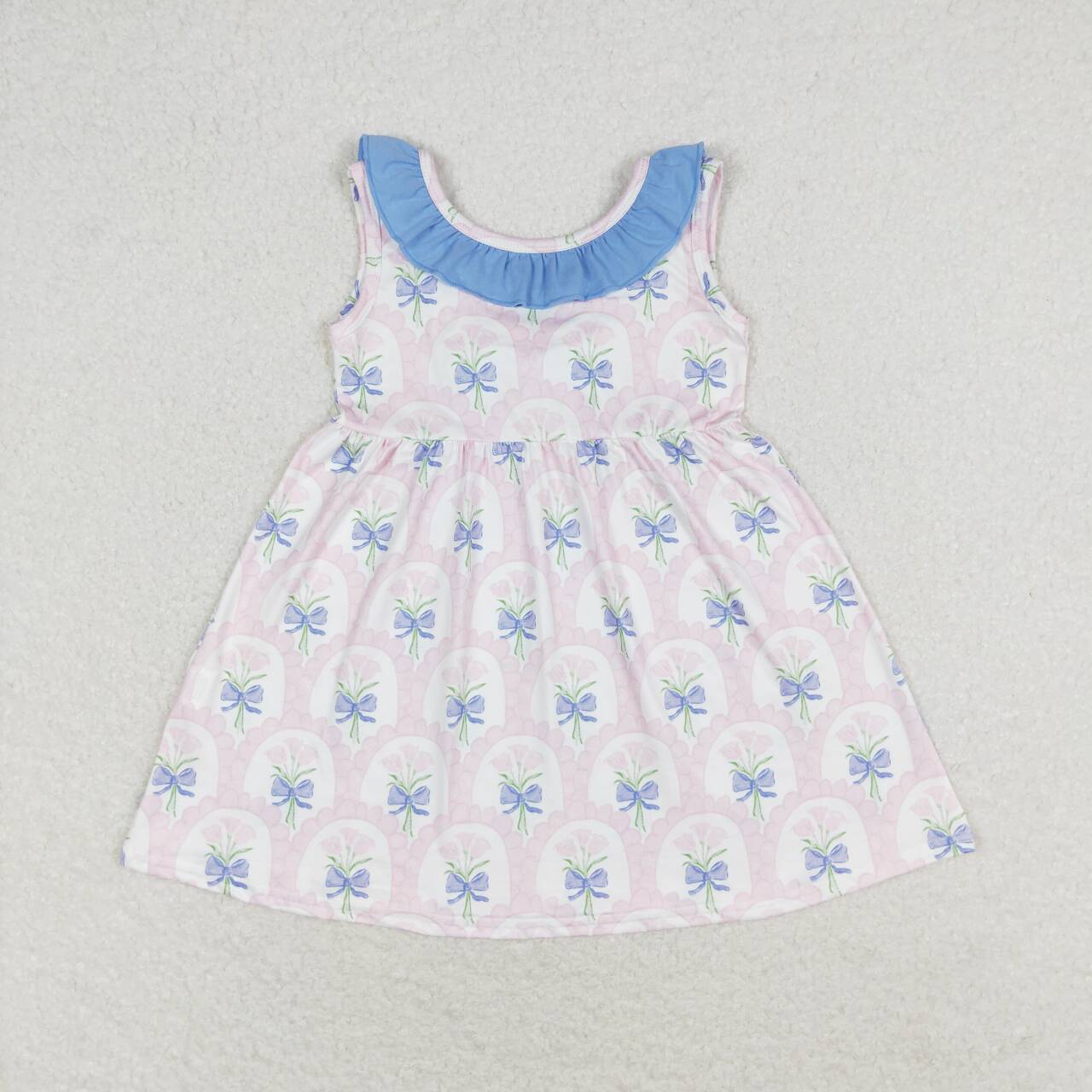 GSD0909 pink flowers blue ruffles girls dress