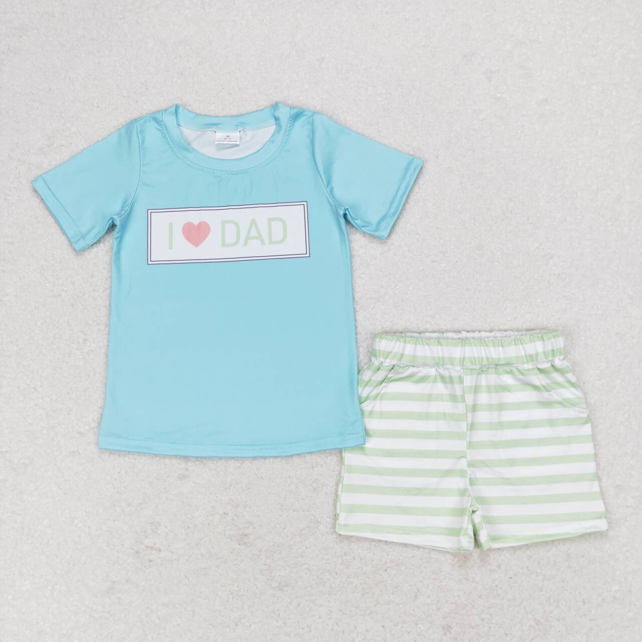 BSSO0878 i love dad sky blue short sleeve green striped shorts boys set