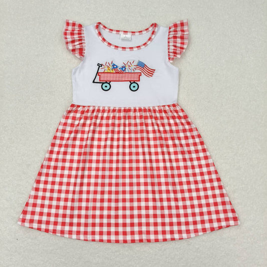 GSD0843 Embroidery July 4th camping cart flag red checkered flutter sleeve girls dress