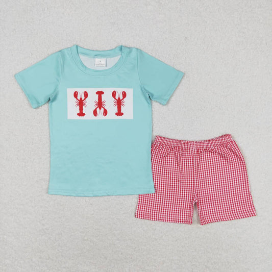 BSSO0597 Crayfish Blue Short Sleeve Red Checkered Shorts Boys Set