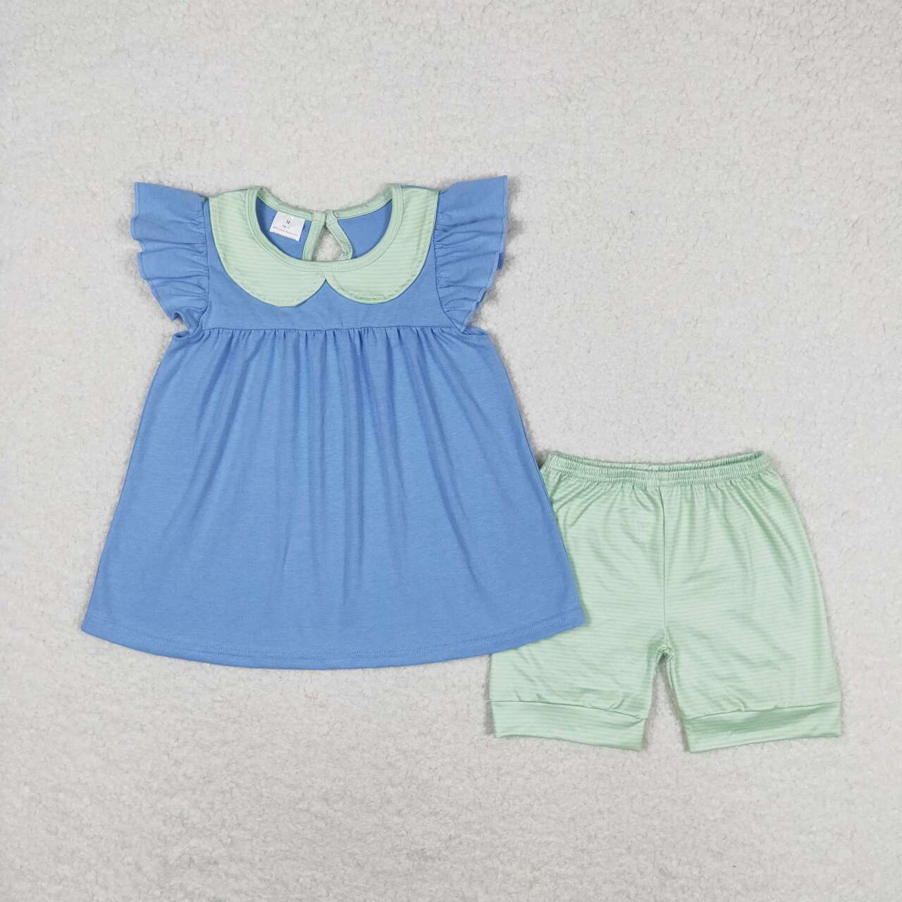 GSSO1067 blue flutter sleeve green striped shorts girls set