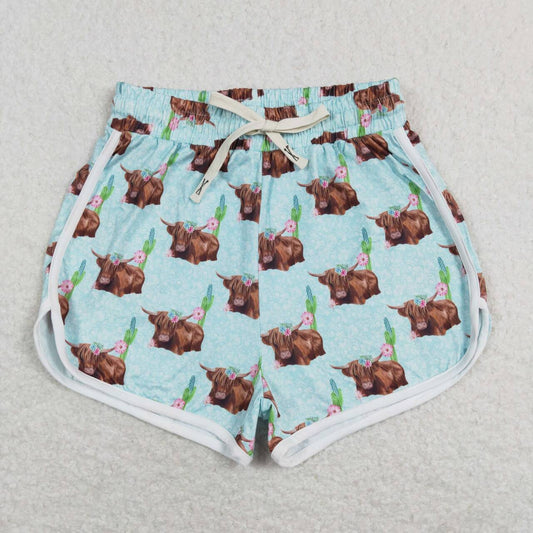 SS0128 Highland cow flowers blue adult shorts