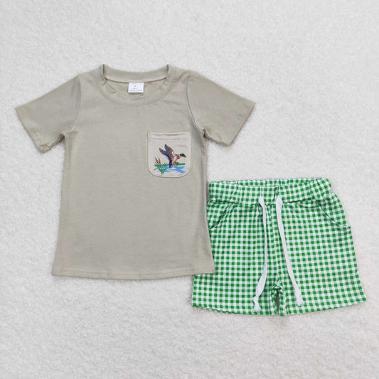 BSSO0734 mallard duck grey pocket short sleeve green checkered shorts boys set