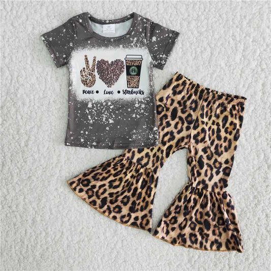 Aa-9 Coffee short sleeve leopard pants girls set