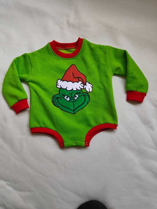 LR0277 Merry Christmas Green Face Long Sleeves Kids Romper