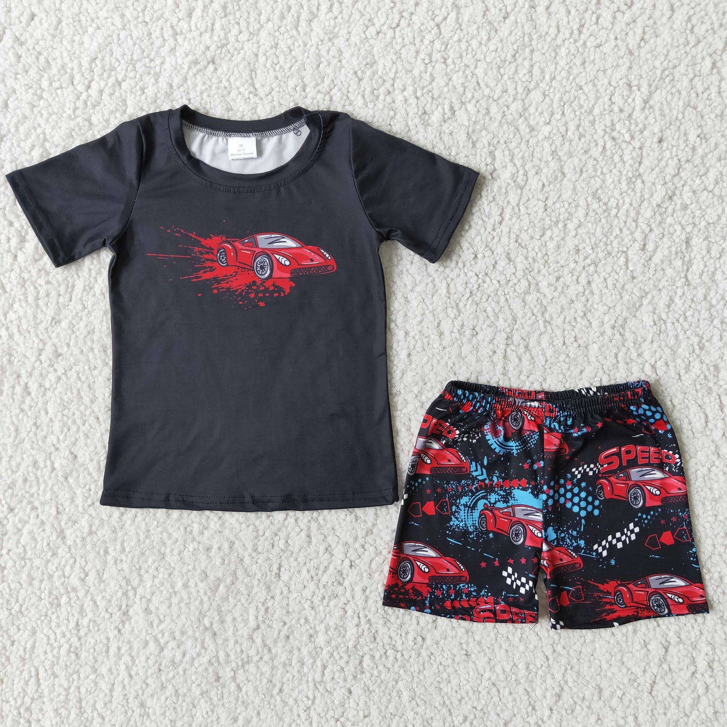 B0-27 Black Short Sleeve Car Cartoon Boys Outfits