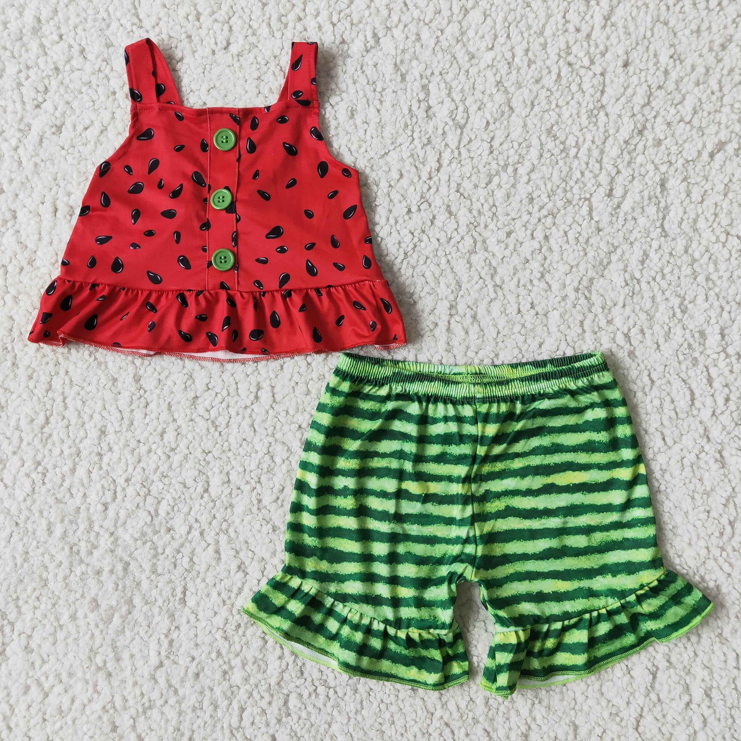 B0-28 Watermelon Sleeveless Striped Print Shorts Girls Set
