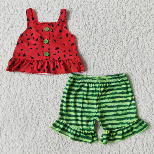 B0-28 Watermelon Sleeveless Striped Print Shorts Girls Set